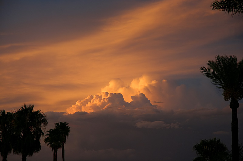 Monsoon clouds in the distance alight with the setting sun to offer this spectacular sunset in Phoenix, Arizona