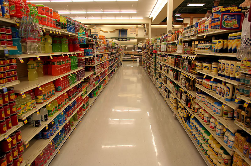 Inside a fluorescent grocery store in America