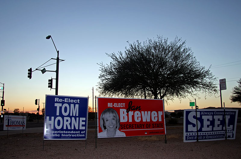 Placards announcing candidates running for local office during upcoming elections in Phoenix, Arizona