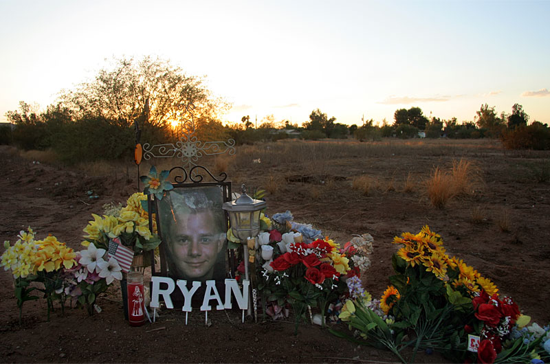 A streetside memorial for someone who apparently died at or very near this intersection in Phoenix, Arizona