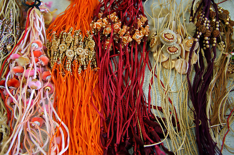 Various colored Rakhi for the upcoming Raksha Bandhan Festival where sisters and close friends tie these Rakhi on their brothers wrists to keep away evil