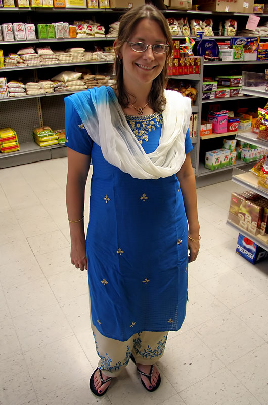 This is Caroline Wise wearing her new dress our friend Sonal Patel brought back from India