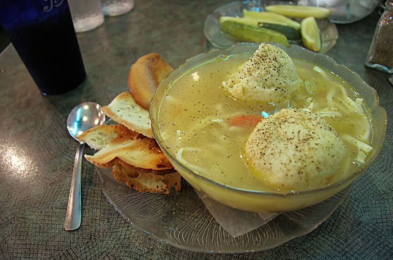 A bowl of matzo ball noodle soup from Chompies in Phoenix, Arizona