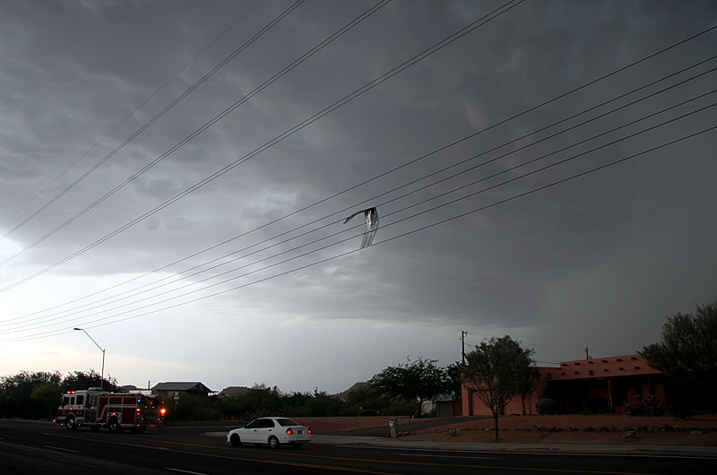 An approaching storm with high winds kicked up a sheet of aluminum onto the power lines cutting electricity to our Phoenix, Arizona neighborhood