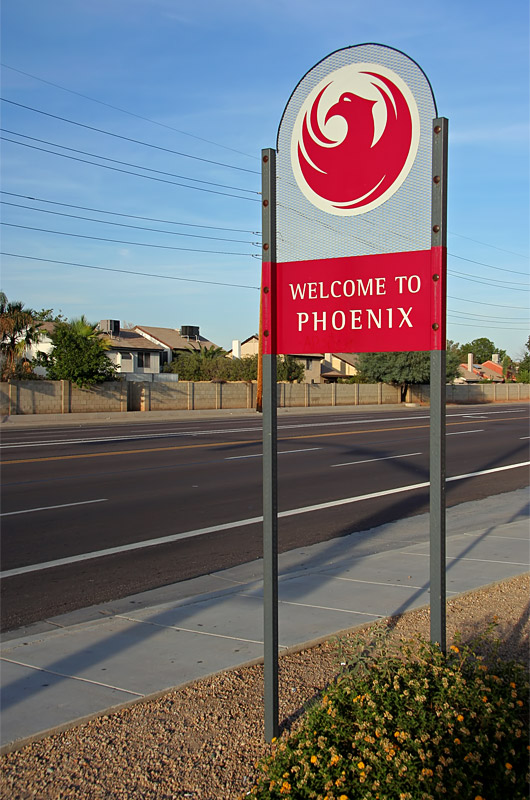 Sign at Phoenix city limits welcoming people to Phoenix, Arizona