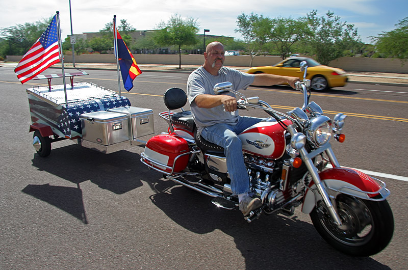 Don Capp with his new handmade motorcycle trailer built by himself in Phoenix, Arizona