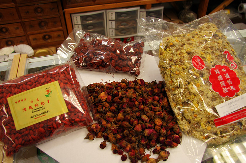 The ingredients for making floating garden tea similar to the tea served at House of Nanking in San Francisco, California