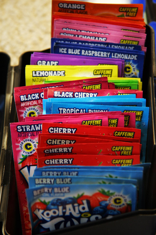 Box of assorted flavors of koolaid to be used for fiber and yarn dyeing