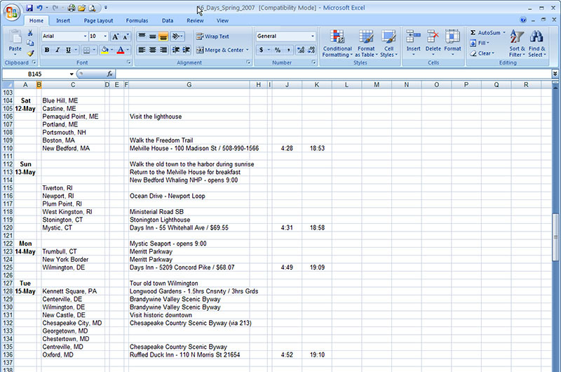 Portion of spreadsheet used to prepare travel itinerary