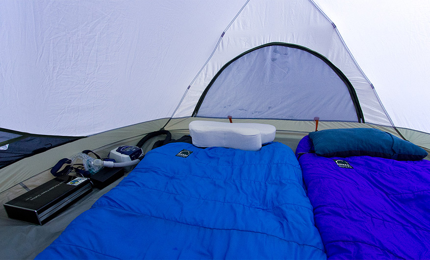 CPAP equipment including battery pack inside of tent used on 18 day Colorado River trip in the Grand Canyon