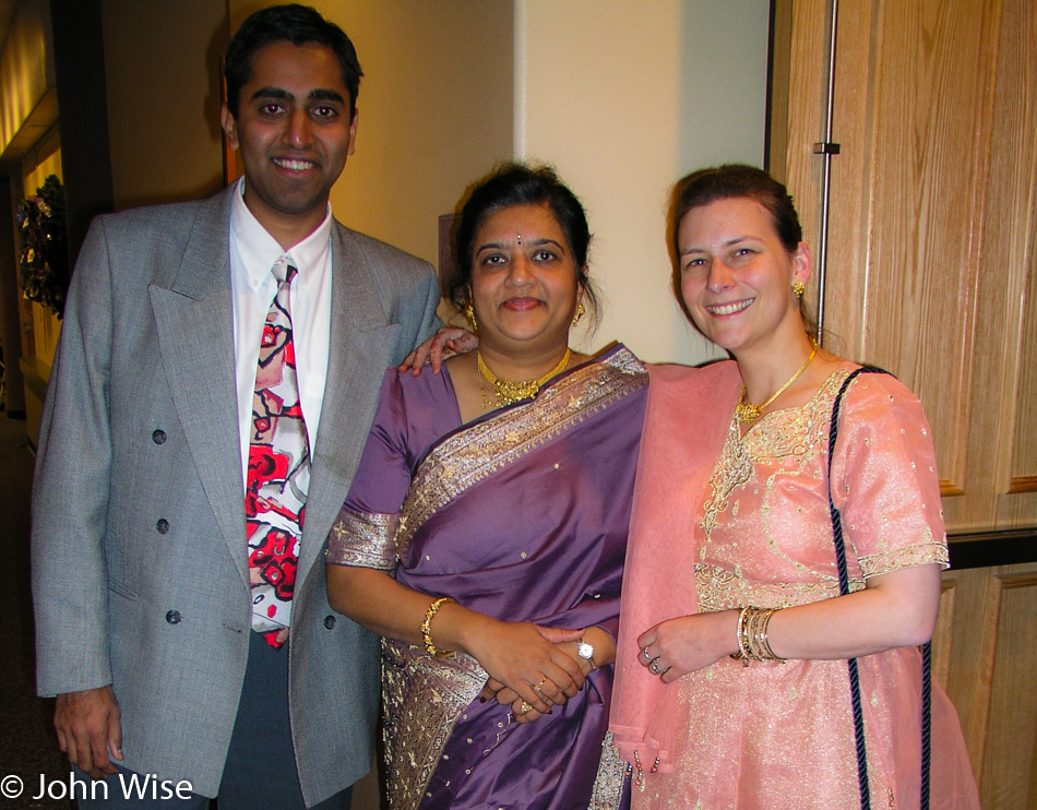 Jay Patel, Sonal Patel, and Caroline Wise at the wedding reception for Alka and Hitesh in Phoenix, Arizona