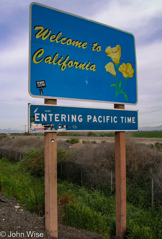 The Welcome to California sign next to the freeway near the Arizona border