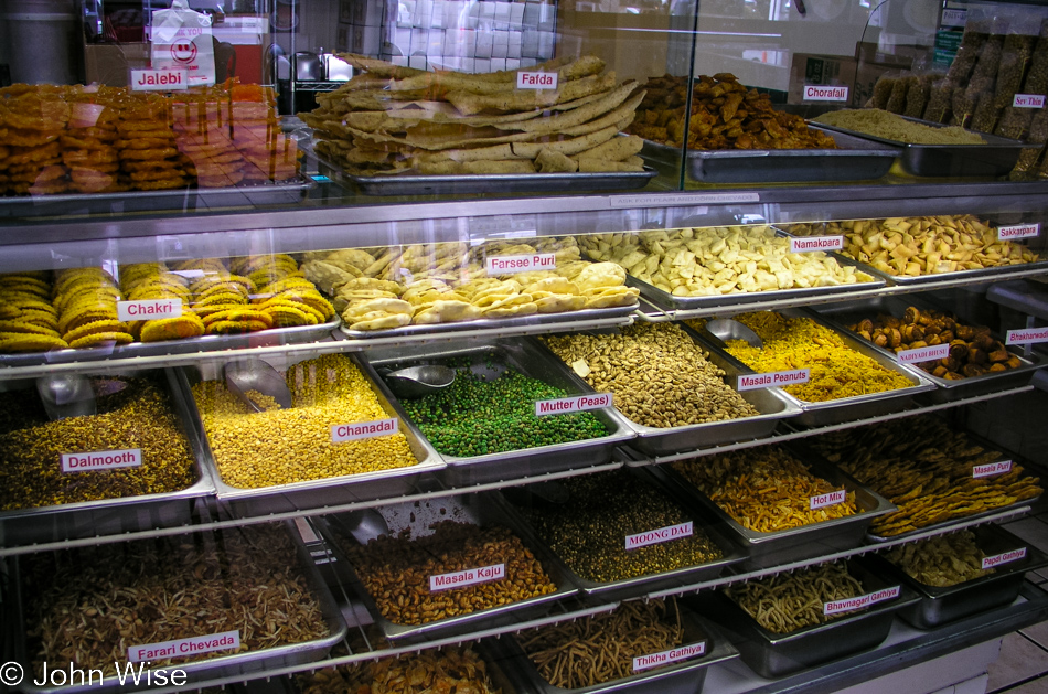 The snack display case at RasRaj Indian fast food shop in Artesia, California