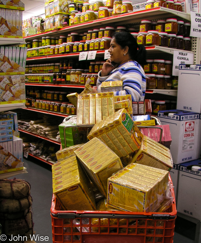 Sonal with a full shopping cart at Little India Market on Pioneer Blvd in Artesia, California