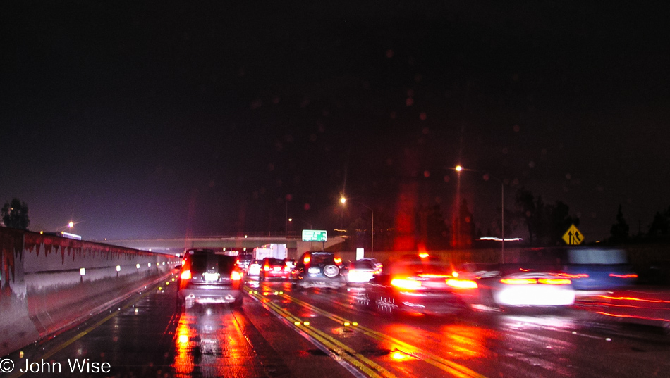 Attempting to leave Los Angeles in bumper to bumper traffic and in the rain - we barely move.