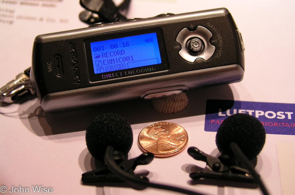 Our Podcasting setup, the iRiver-799 and our new miniature binaural microphones