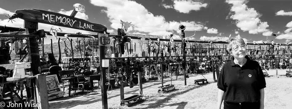 Jutta Engelhardt standing in front of Memory Lane near Gleeson, Arizona