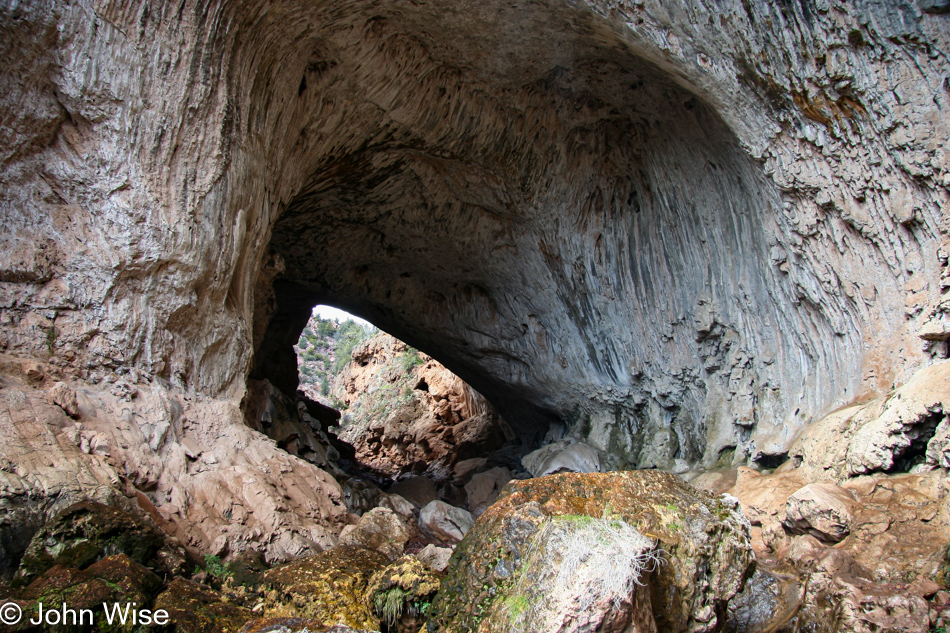 Looking into the 400-foot-long tunnel which is 150 feet wide at its broadest point at Tonto Natural Bridge in Arizona