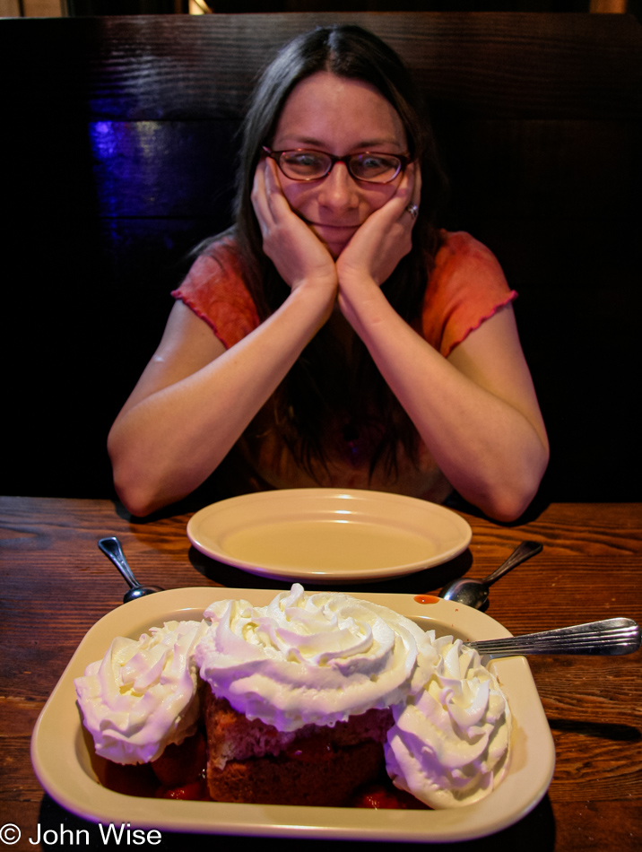 Caroline Wise and a strawberry shortcake at the Horny Toad Restaurant in Cave Creek, Arizona