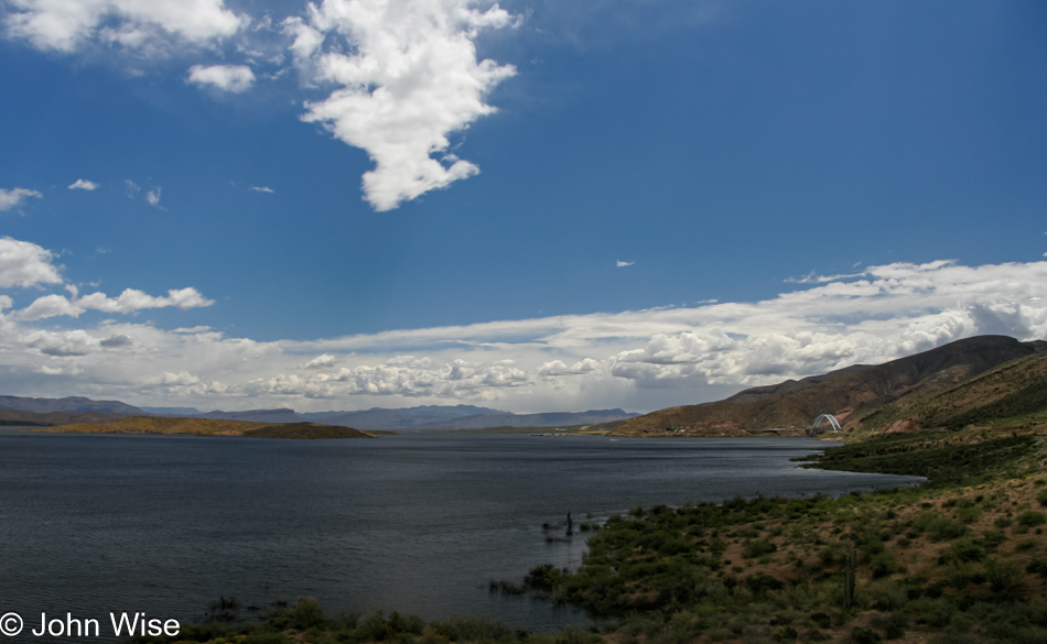 The bridge near Roosevelt Dam comes into view in Arizona on Lake Roosevelt