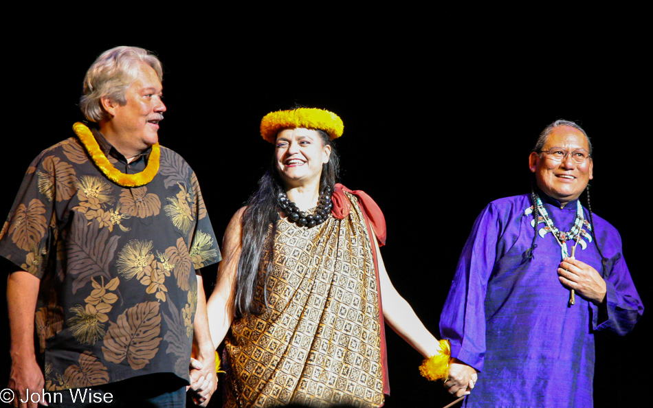 Keola Beamer, Moananlani Beamer and R. Carlos Nakai take a bow at the end of their performance in the Ikeda Theatre at the Mesa Arts Center in Arizona