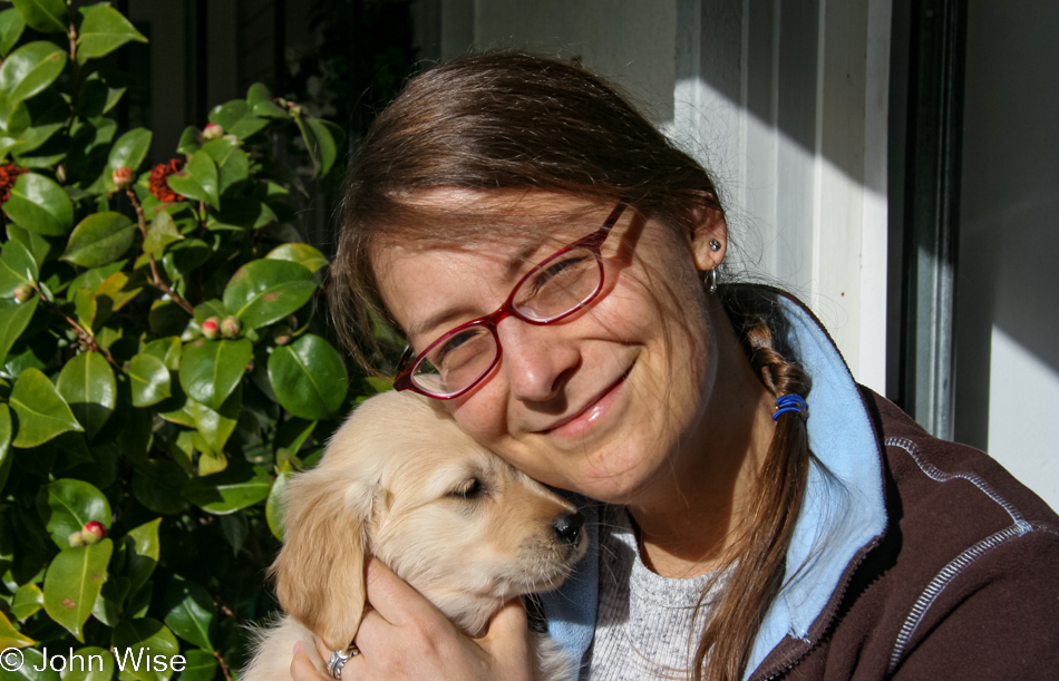 Caroline Wise with Tula the puppy in Santa Barbara, California