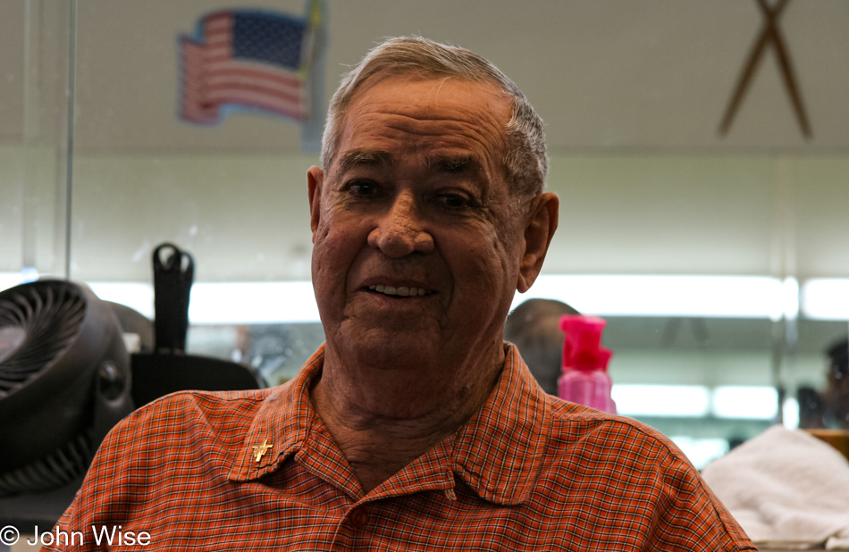 My uncle Woodrow Burns eleven days after open heart surgery requiring three bypasses at the barber shop getting cleaned up for christmas