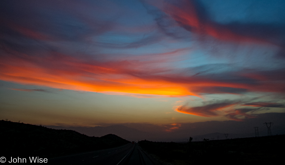 Approaching Palm Springs, California at sunset