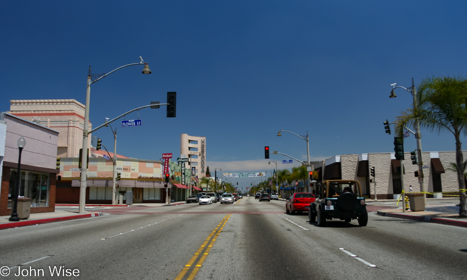 Intersection of Flower Street and Bellflower Blvd in Bellflower, California