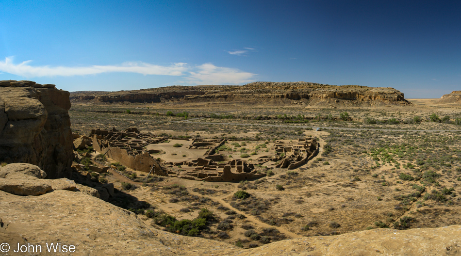 View of Pueblo Bonito from overlook at Chaco Culture in New Mexico