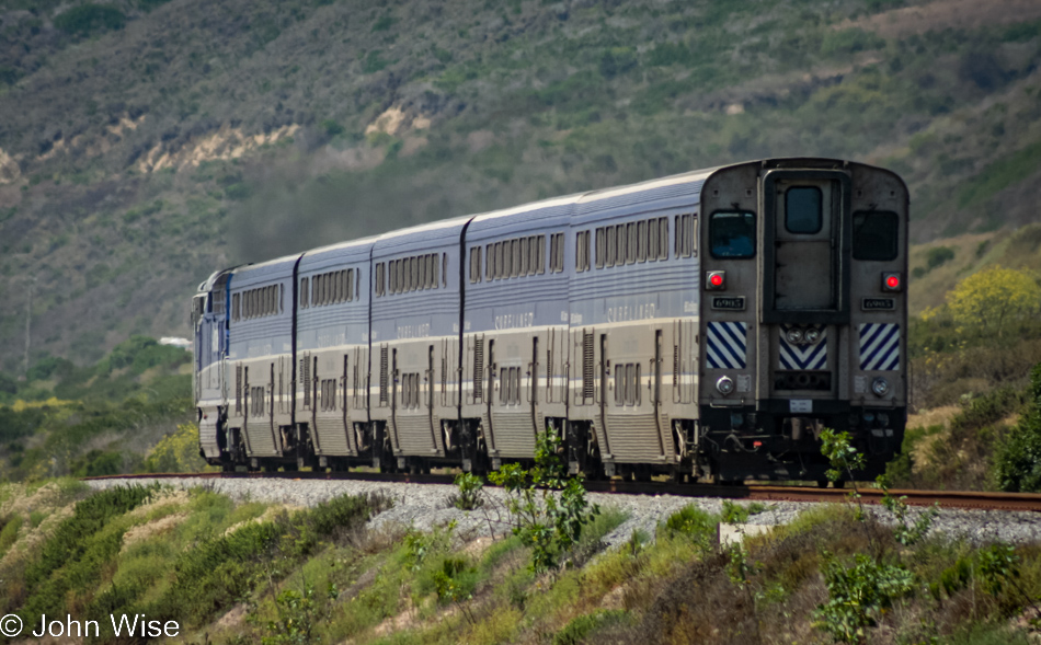 Amtrak train travelling the California coast.