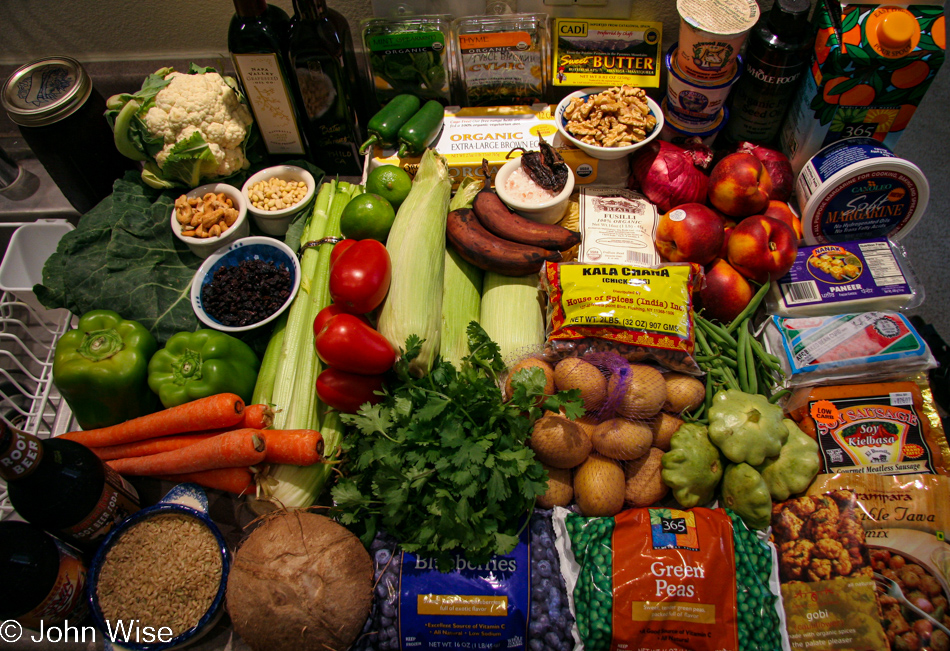 A weeks worth of food Caroline and I will eat at home. The items are all vegetarian as Caroline is veg, although I am not, we only cook vegetarian at home