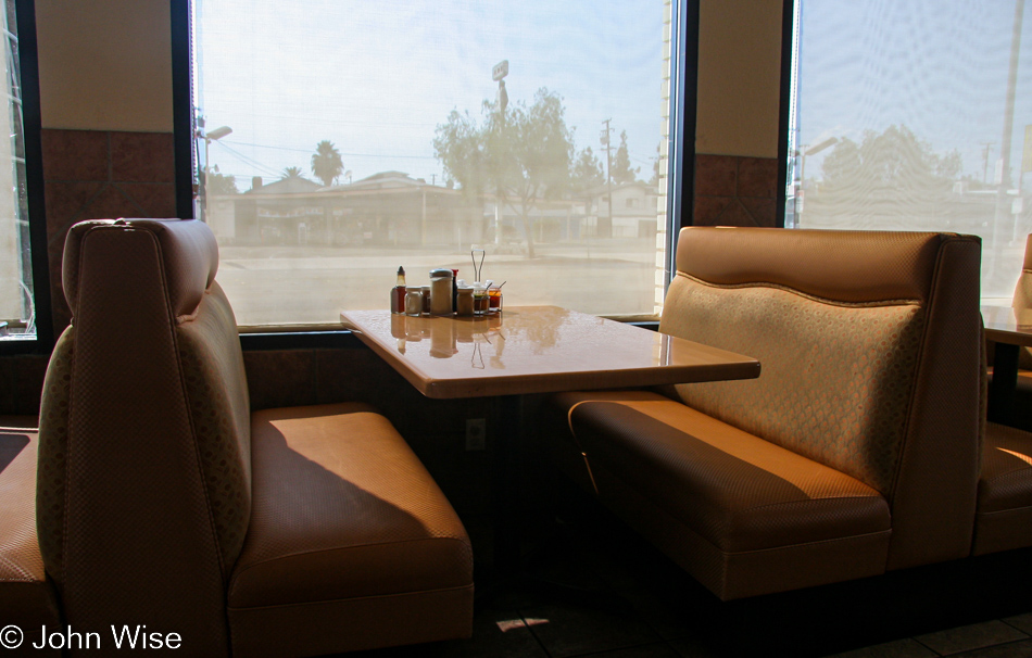 A booth at Mix Bowl Cafe, a Thai fast food restaurant in Pomona, California