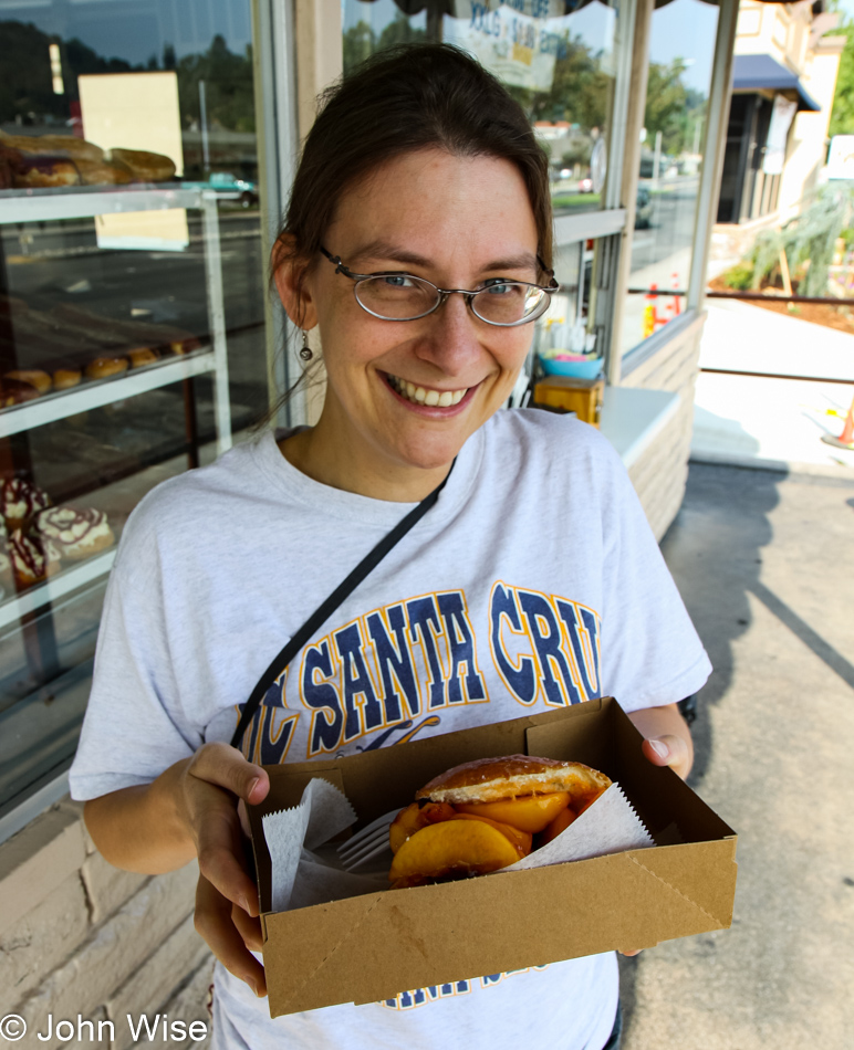 Caroline Wise with a Peach Donut from The Donut Man in Glendora, California