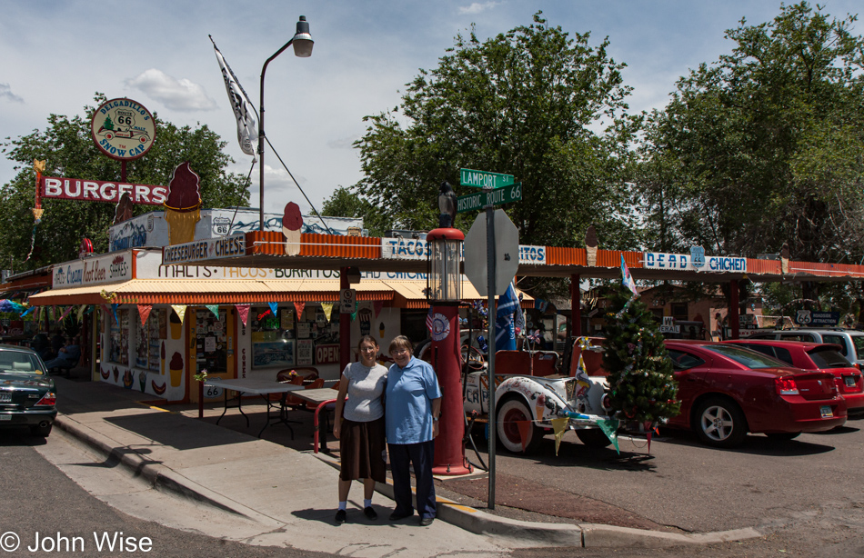 Jutta Engelhardt and Caroline Wise at Delgadillo's Snow Cap in Seligman, Arizona on Old Route 66