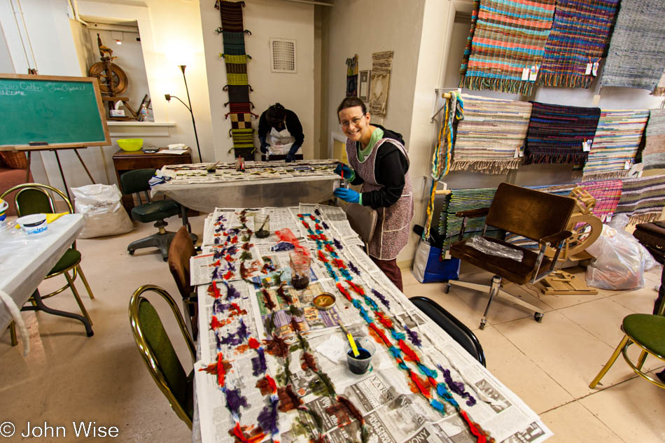 Caroline Wise at the Bisbee Fiber Guild taking a workshop in cotton dyeing