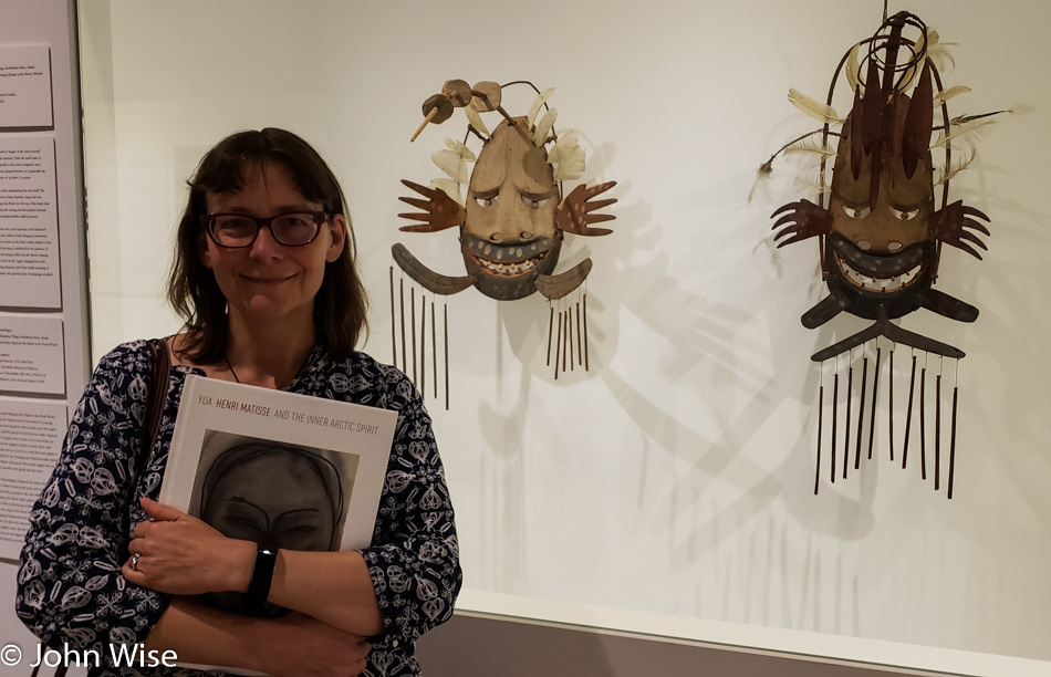 Caroline Wise at the Yup'ik Mask Exhibit titled “Yua: Henri Matisse and the Inner Arctic Spirit” in the Heard Museum Phoenix, Arizona