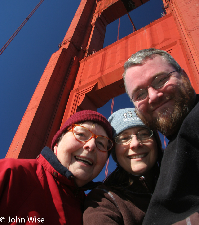 Jutta Engelhardt, Caroline Wise and John Wise on the Golden Gate Bridge in San Francisco, California