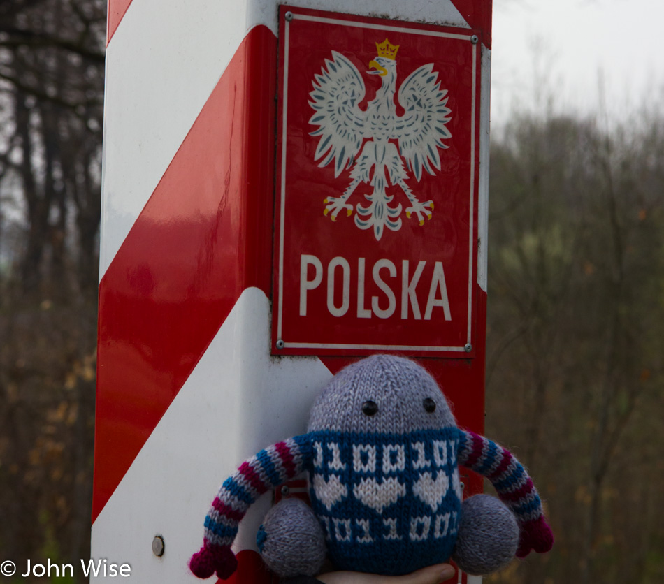 Hand Knitted Robot for John Wise on the Polish Border