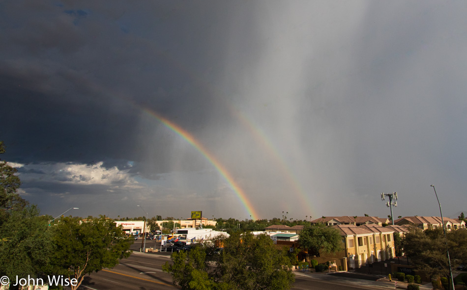 Monsoon with double rainbow in Phoenix, Arizona