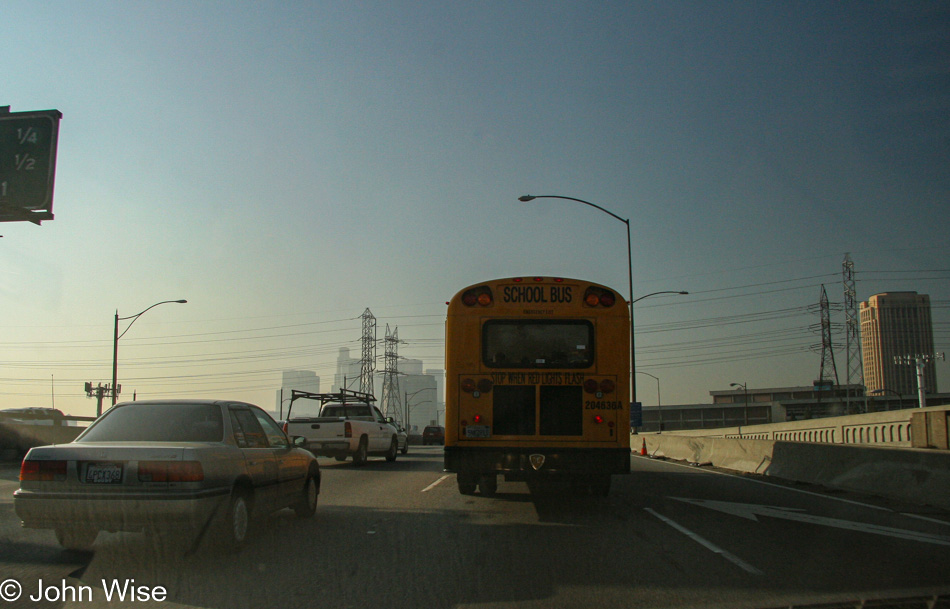 On the 10 freeway heading into downtown Los Angeles, California on a smoggy day