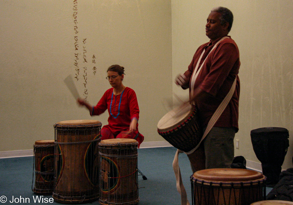 Caroline Wise and Frank Thompson at drumming class in Phoenix, Arizona