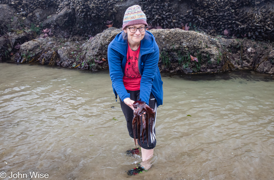 Caroline Wise with octopus at Roads End Beach in Lincoln City, Oregon