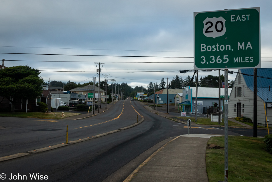 Interstate 20 sign to Boston in Newport, Oregon