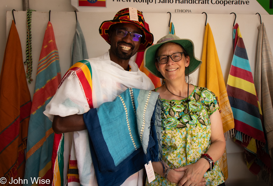 Caroline Wise at Ethiopian booth at the International Folk Art Market in Santa Fe, New Mexico