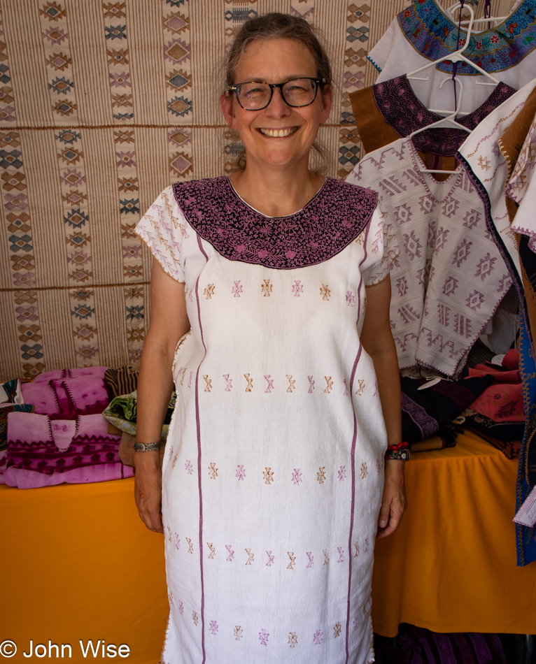 Caroline Wise at Mexican Dreamweavers booth at the International Folk Art Market in Santa Fe, New Mexico