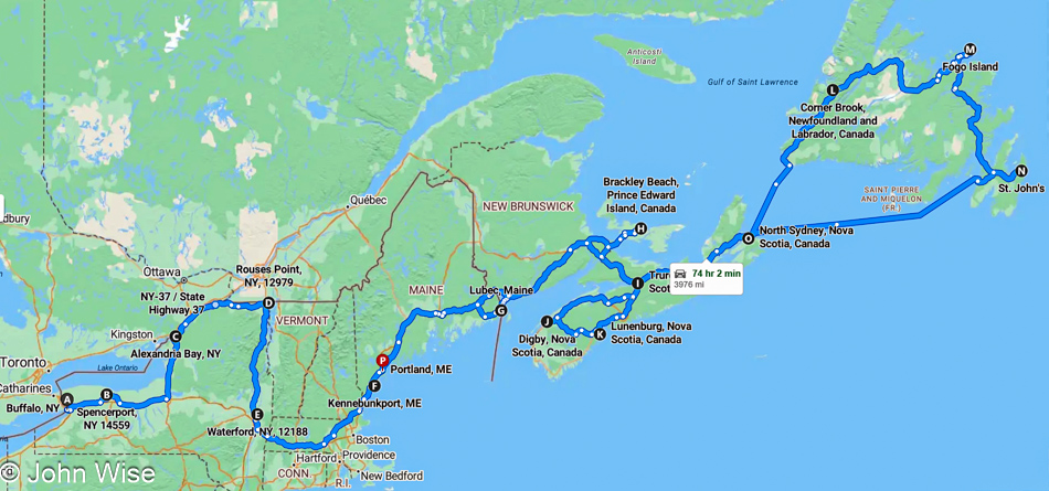 Map showing the route from New York through Eastern Canada