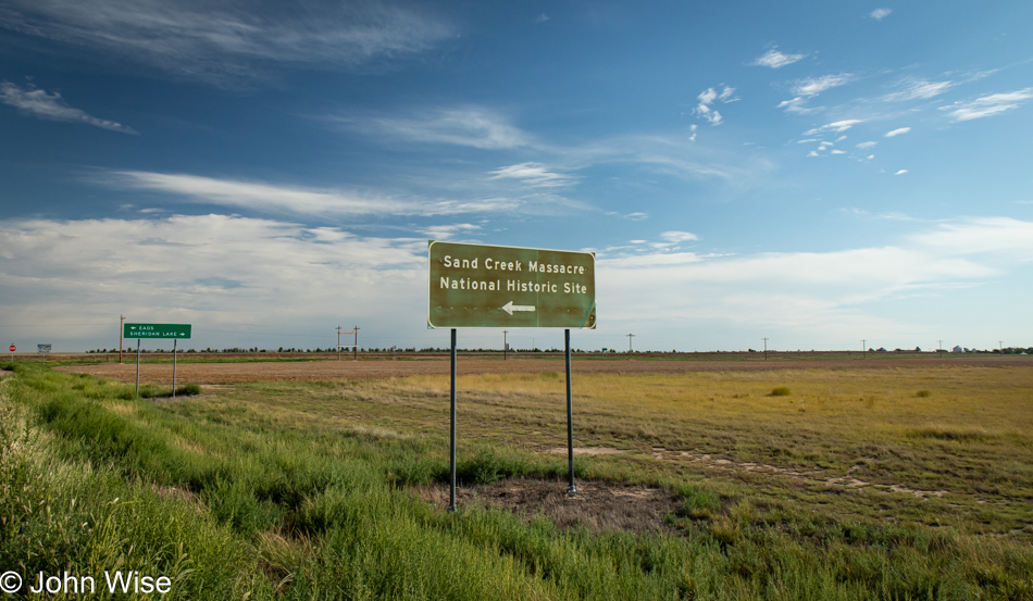 Sign pointing to the Sand Creek Massacre National Historic Site near Eads, Colorado