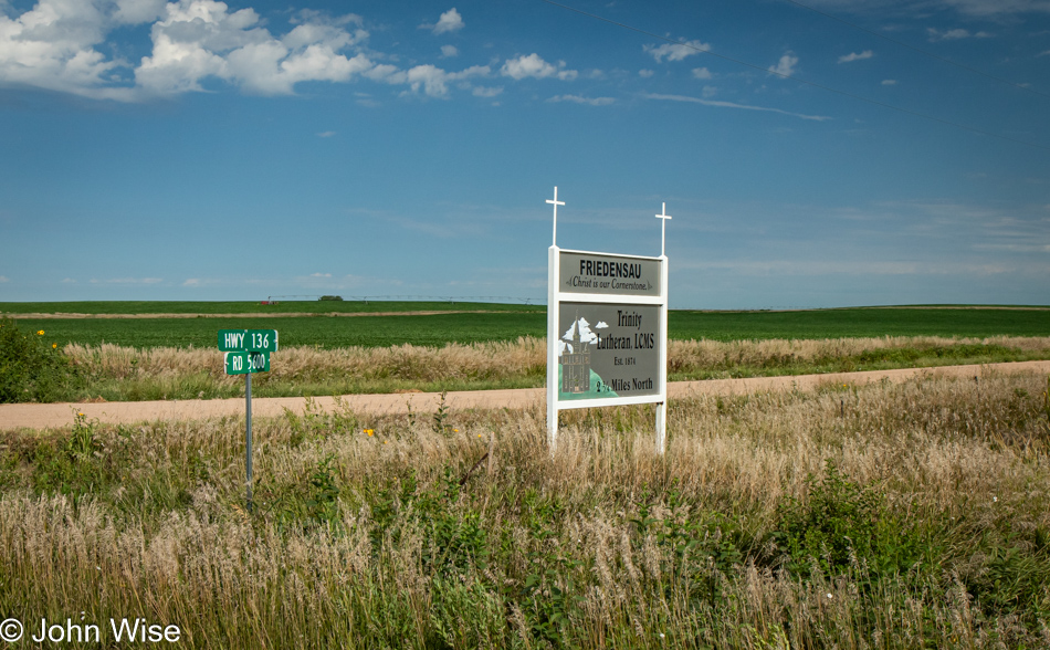 Sign pointing to the Trinity Lutheran Church in Friedensau, Nebraska