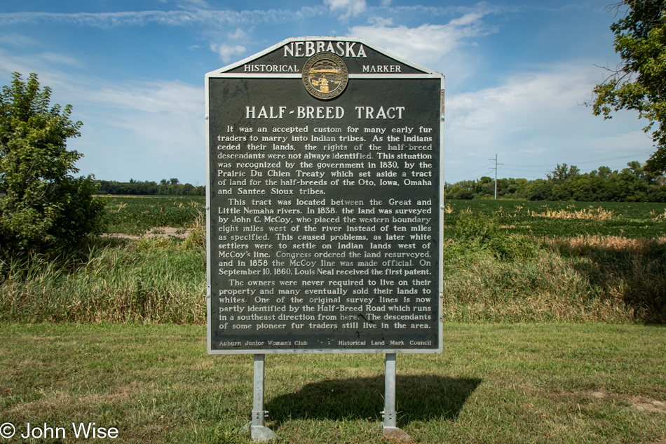 Half Breed Tract historical marker on US Highway 136 in eastern Nebraska